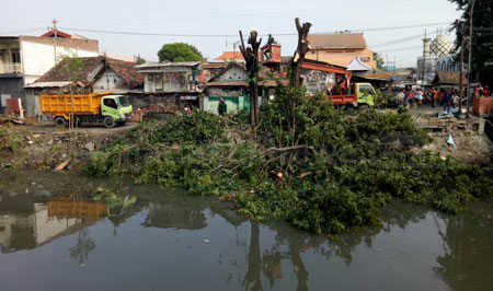 Satpol PP Surabaya Tertibkan Bangunan Liar di Saluran Kelurahan Pogot