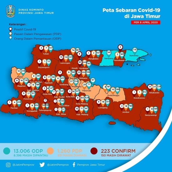 Semakin Merah, Peta Sebaran Covid-19 di Jatim Bertambah Tiga Kabupaten