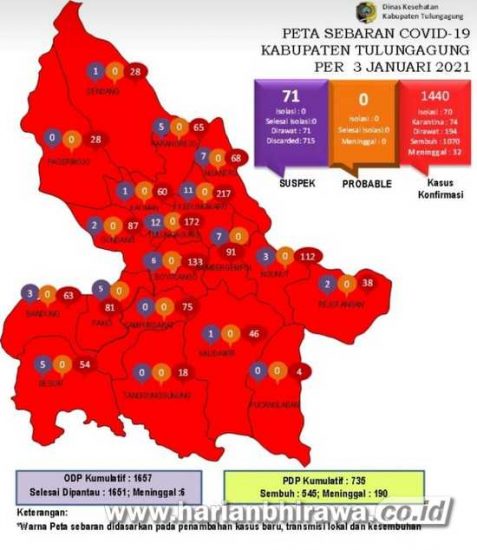 Seluruh Kecamatan di Kabupaten Tulungagung Berwarna Merah